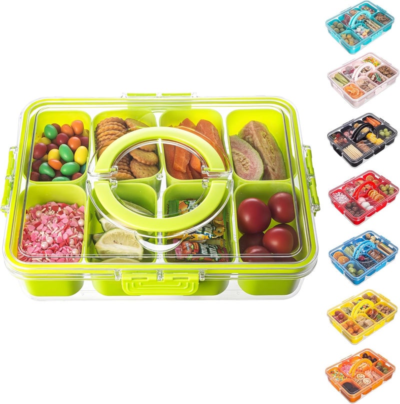 Dingerjar Divided Serving Tray with Lid and Handle - Snackle Box Charcuterie Container for Portable Snack Platters Organizer for Candy, Fruits, Nuts, Snacks - Perfect for Party, Entertaining, Green - Image 1
